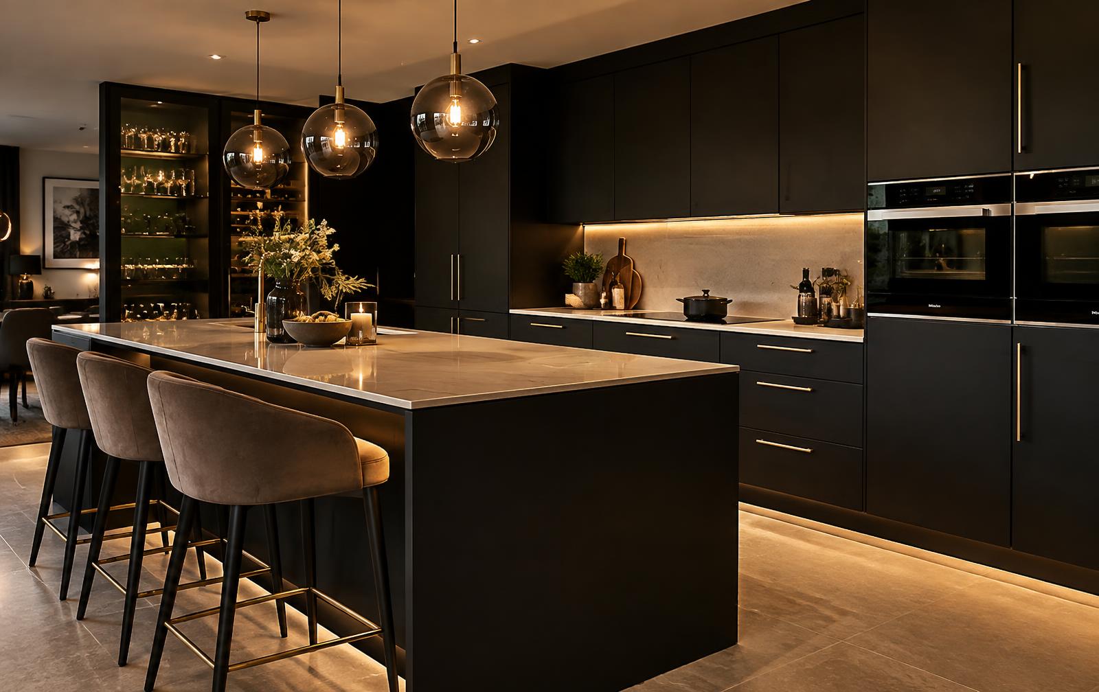 Matt black fitted kitchen with stone worktops installed in Bishop's Stortford